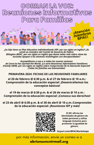 en espanol: Family Information Meetings flyer with QR Code for registration
